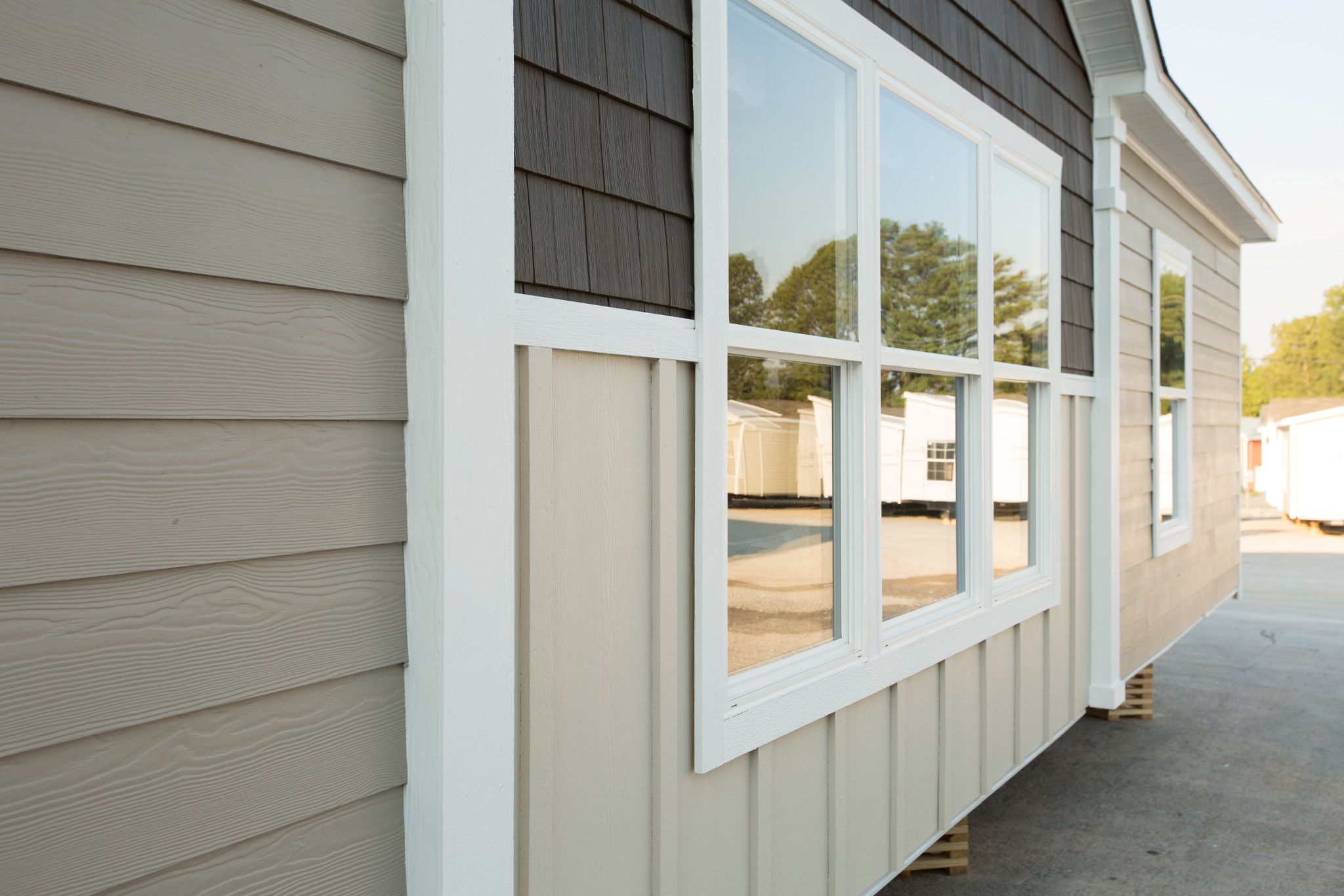 The exterior of a single-wide mobile home before it has been placed on its foundation.