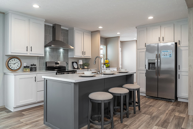 A modern kitchen in a contemporary manufactured home
