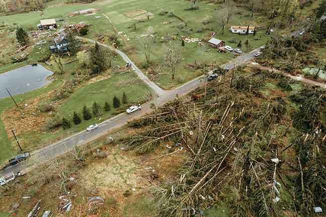 Aerial view of a rural area devastated by a recent hurricane