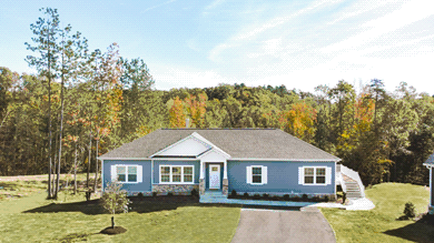 Blue home exterior surrounded by trees 